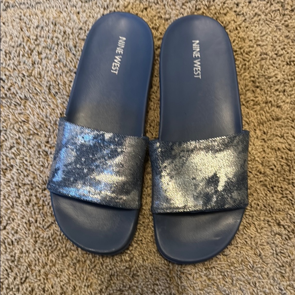 Nine West Blue Shimmer Slide Sandals
